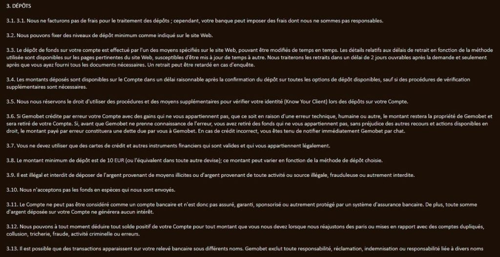 Gemobet Casino informations dépôts